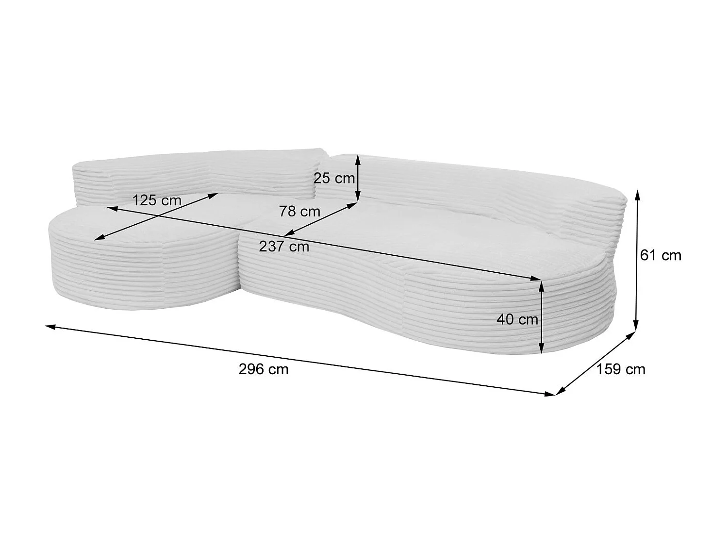 Set divani sofà MCW-P19, divano a 3 posti lounge, stoffa/tessuto a coste (370 g/m²) penisola a destra ~ grigio chiaro