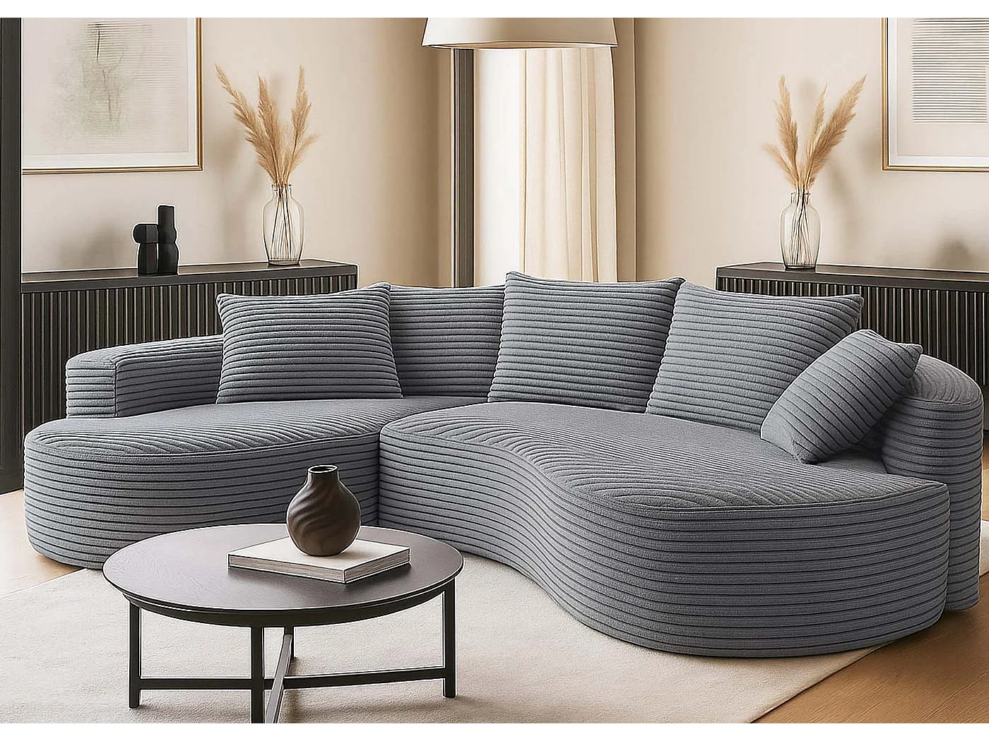 Set divani sofà MCW-P19, divano a 3 posti lounge, stoffa/tessuto a coste (370 g/m²) penisola a destra ~ grigio chiaro