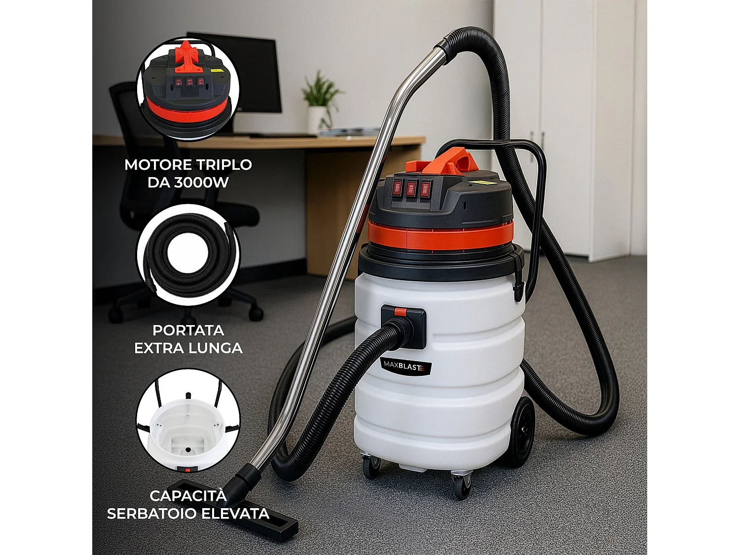 MAXBLAST Lot de Aspirateur Industriel de 90 L, Tuyau de 5 m & Accessoires