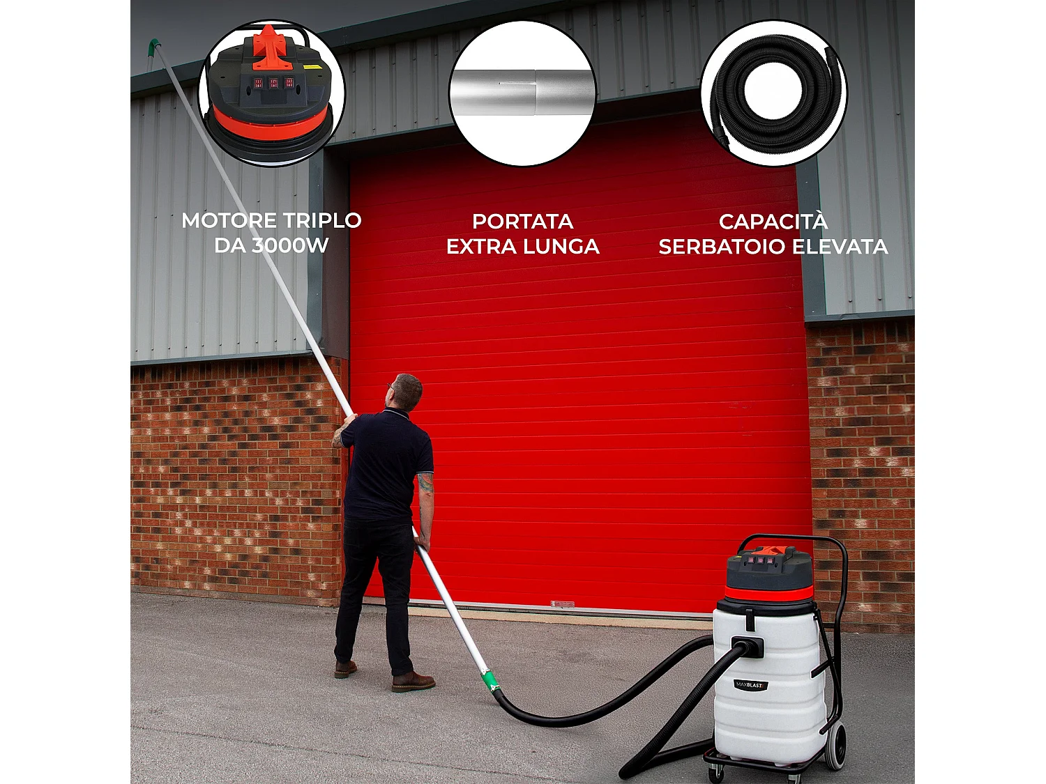 Aspirapolvere 90L secco/umido industriale con kit aste grondaie e tubo 5 m