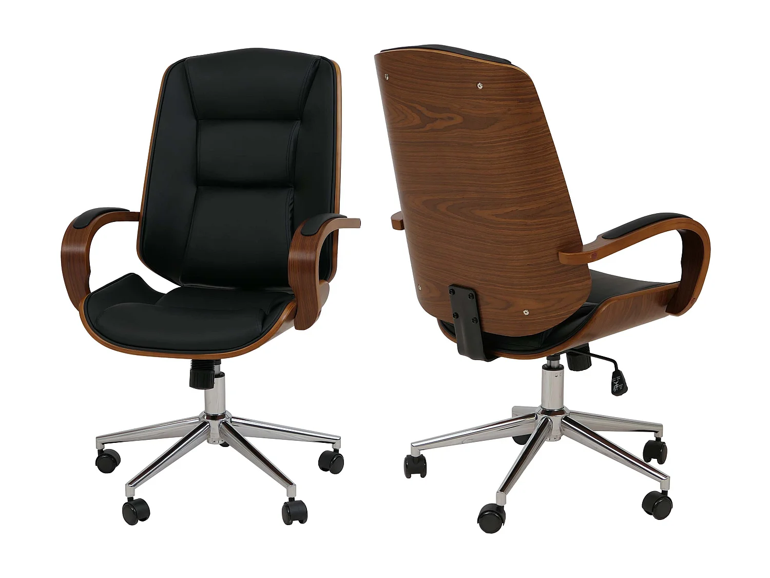 Sedia poltrona ufficio MCW-O83, girevole, ecopelle (280 g/m²), legno curvato certificato MVG, color noce ~ nero