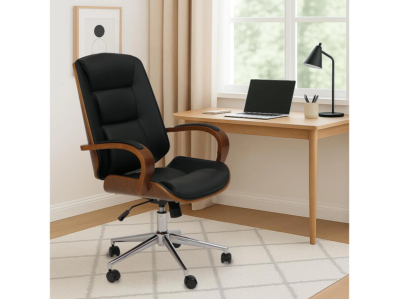 Sedia poltrona ufficio MCW-O83, girevole, ecopelle (280 g/m²), legno curvato certificato MVG, color noce ~ nero