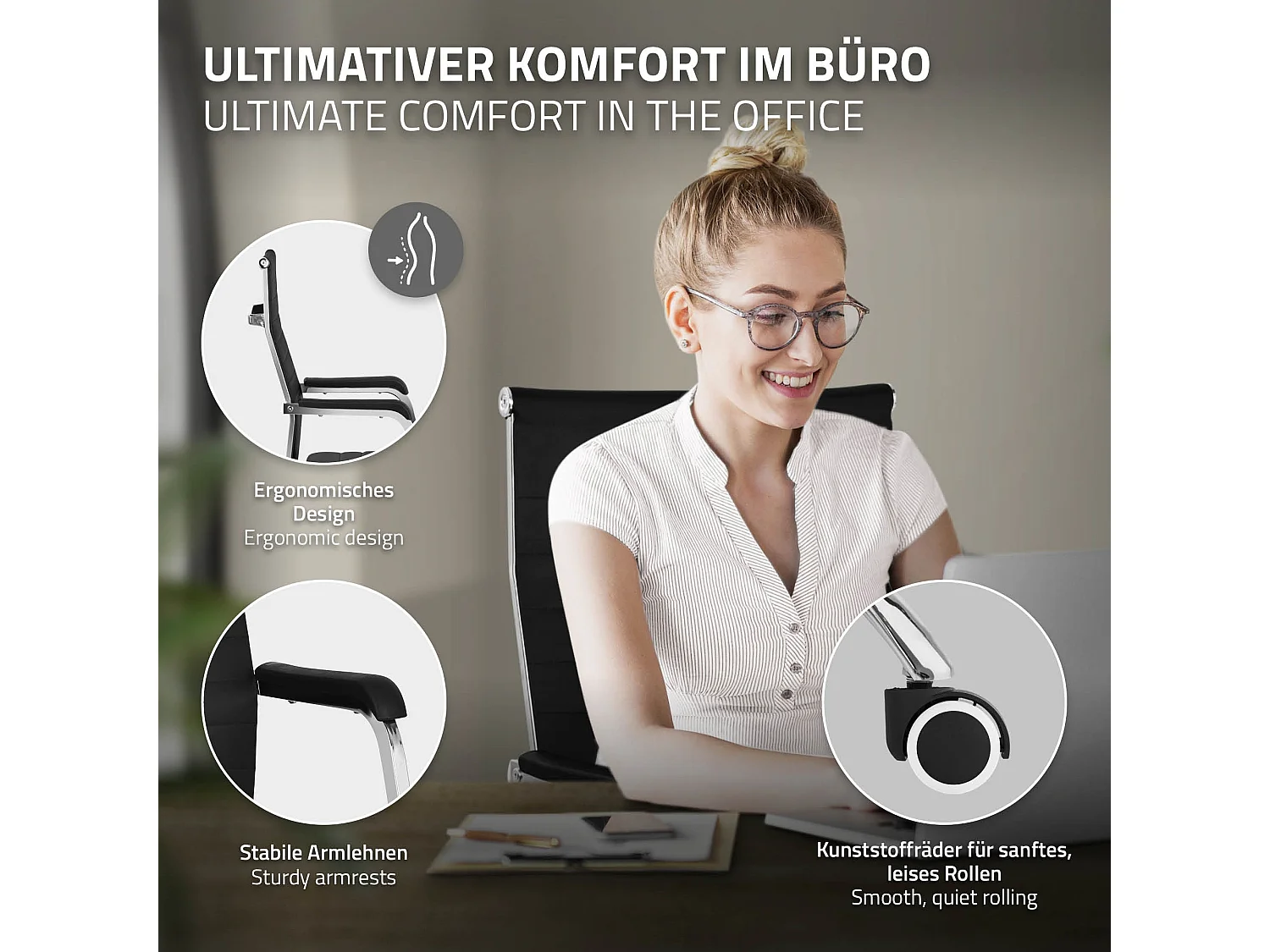 Chaise de bureau ergonomique noire en simili hauteur réglable avec accoudoirs et dossier rembourré fauteuil de travail pivotant siège de gaming