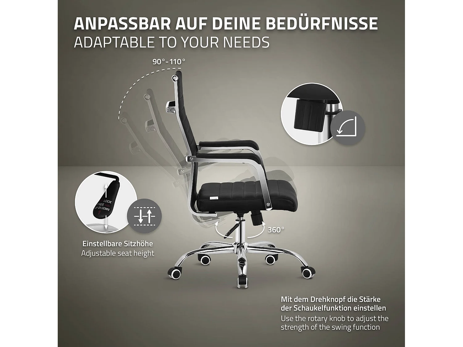 Chaise de bureau ergonomique noire en simili hauteur réglable avec accoudoirs et dossier rembourré fauteuil de travail pivotant siège de gaming