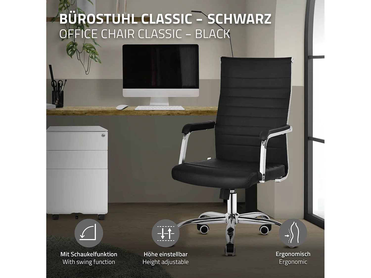 ML-Design Sedia da ufficio ergonomica nero, in similpelle, regolabile in altezza, funzione oscillante, poltrona girevole da scrivania, poltroncina