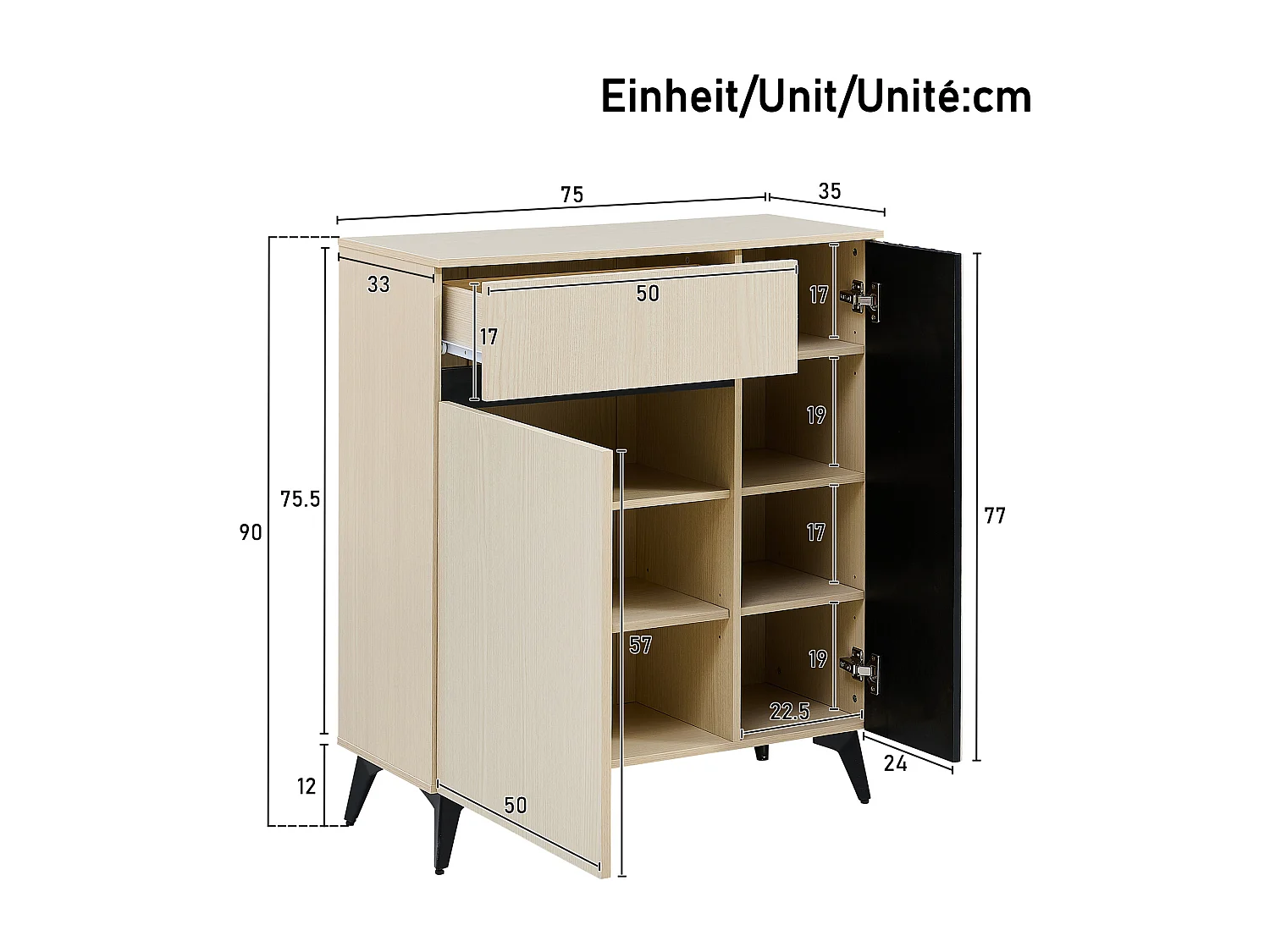 Meuble à chaussures 75x35x90 cm avec Étagères réglables et un tiroir Matériaux MDF Couleur naturelle pour salon et couloir