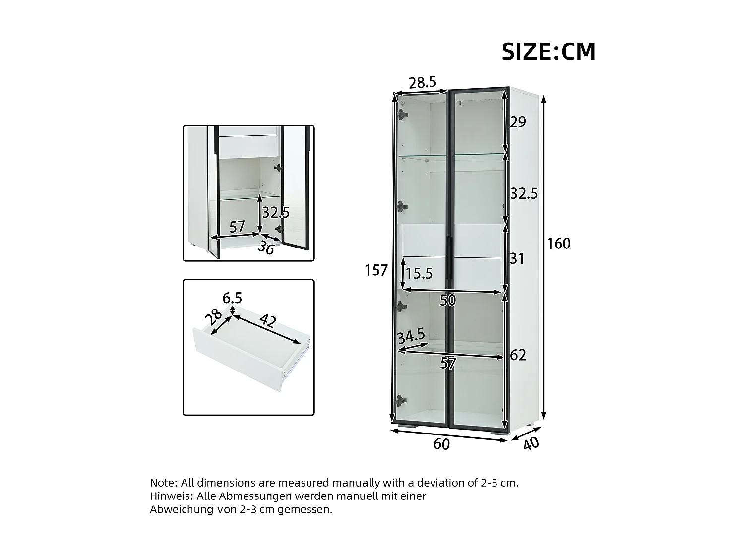 Vitrine 60x40x160 cm avec LED Deux étagères réglables et deux tiroirs Matériau MDF en noir et blanc pour salon