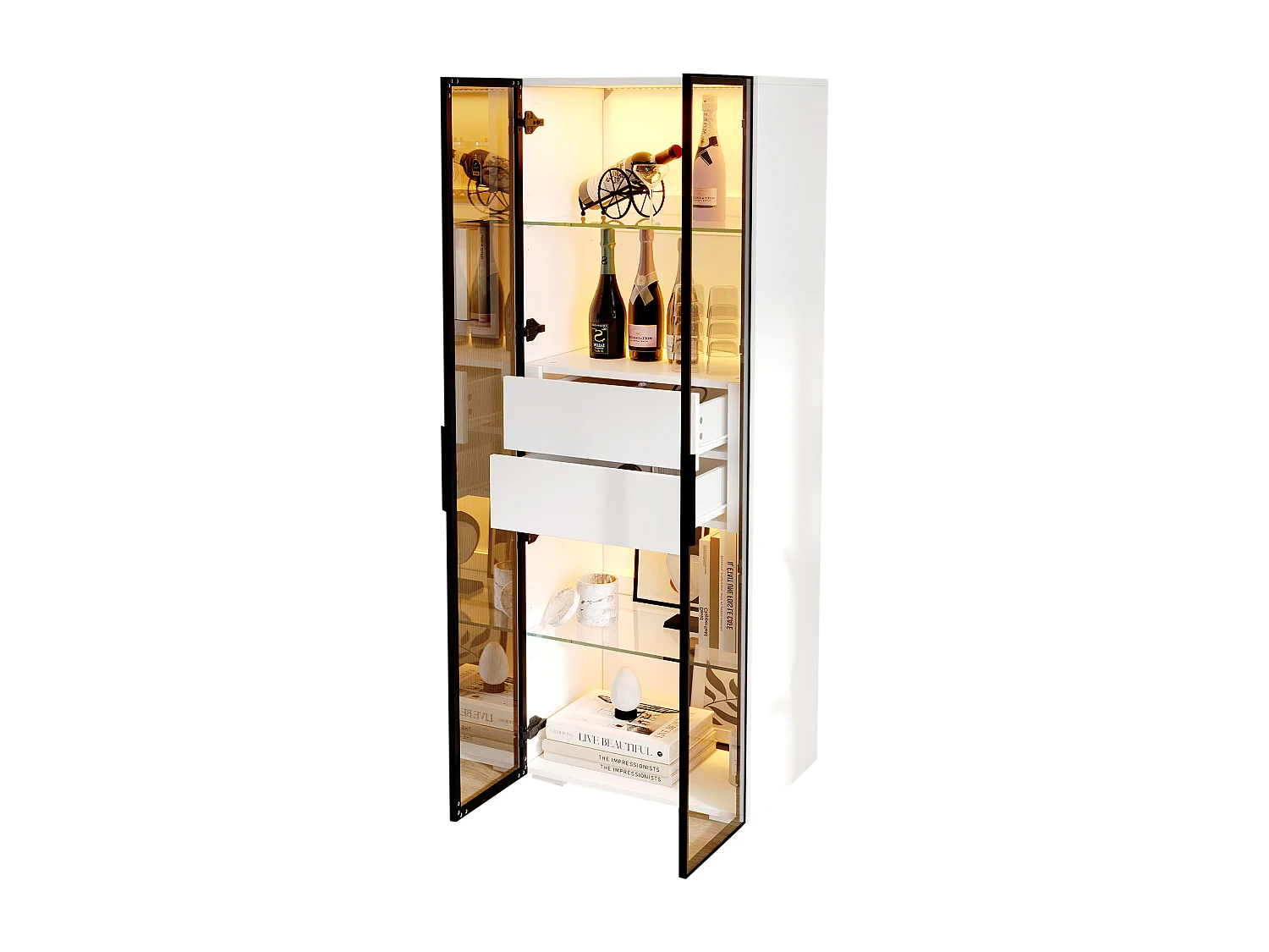 Vitrine 60x40x160 cm avec LED Deux étagères réglables et deux tiroirs Matériau MDF en noir et blanc pour salon