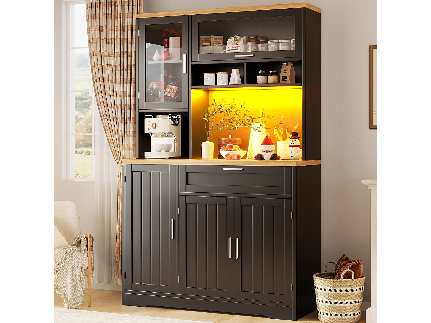 Vitrinekast van 104x40x180 cm met ledverlichting, drie deuren en lades in zwart-wit, voor keuken en woonkamer.