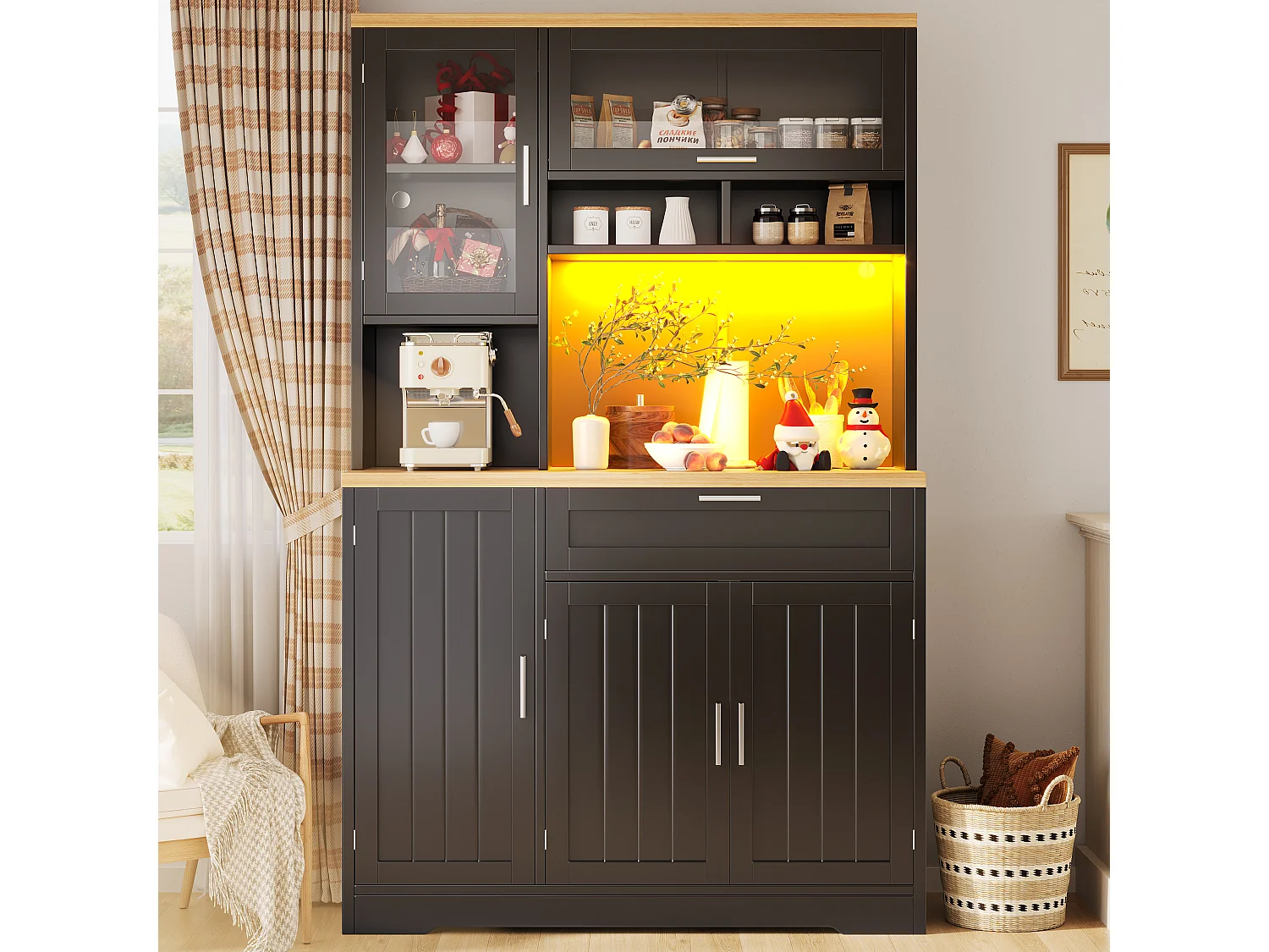 Meuble de rangement haut 104x40x180 cm, éclairage LED USB, portes vitrées, tiroir, MDF et métal noir