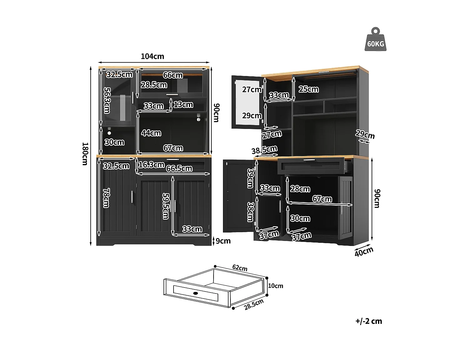 Meuble de rangement haut 104x40x180 cm, éclairage LED USB, portes vitrées, tiroir, MDF et métal noir