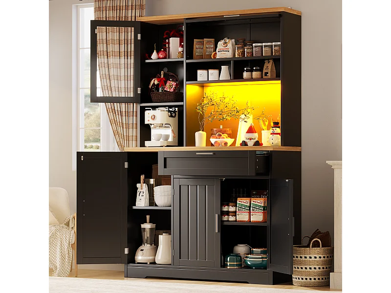 Vitrinekast van 104x40x180 cm met ledverlichting, drie deuren en lades in zwart-wit, voor keuken en woonkamer.