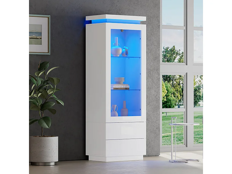 Vitrine 60x40x171 cm avec LED Deux tiroirs et trois espaces de rangement Panneaux de particules en blanc pour Salon et salle à manger
