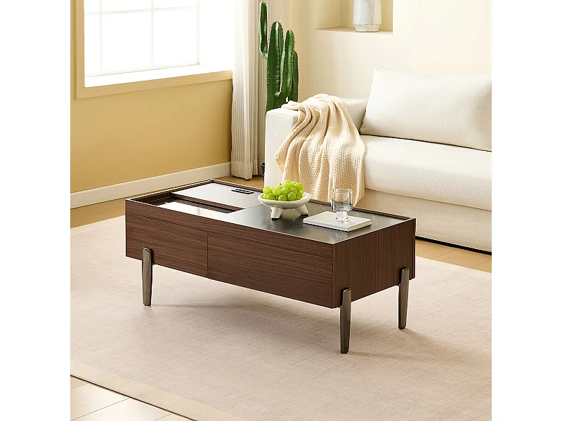 Table basse 105x50x41.5 cm avec Plaque de rangement coulissante et plusieurs tiroirs Matériaux MDF en gris pour salon