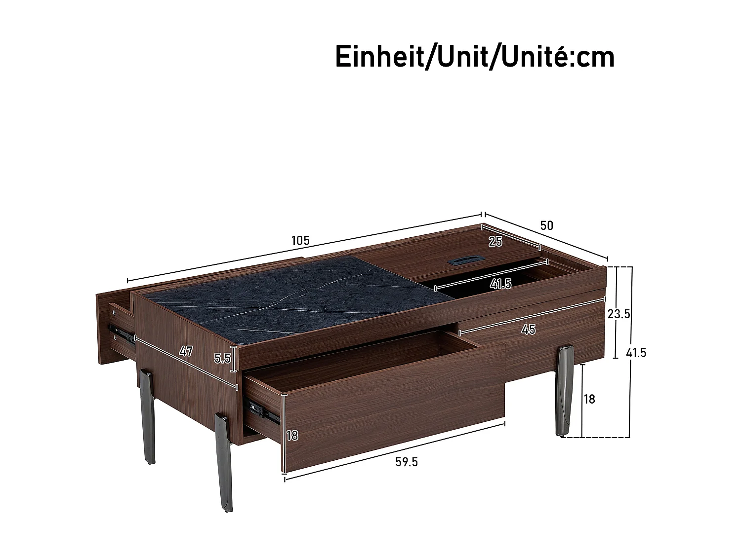 Table basse 105x50x41.5 cm avec Plaque de rangement coulissante et plusieurs tiroirs Matériaux MDF en gris pour salon