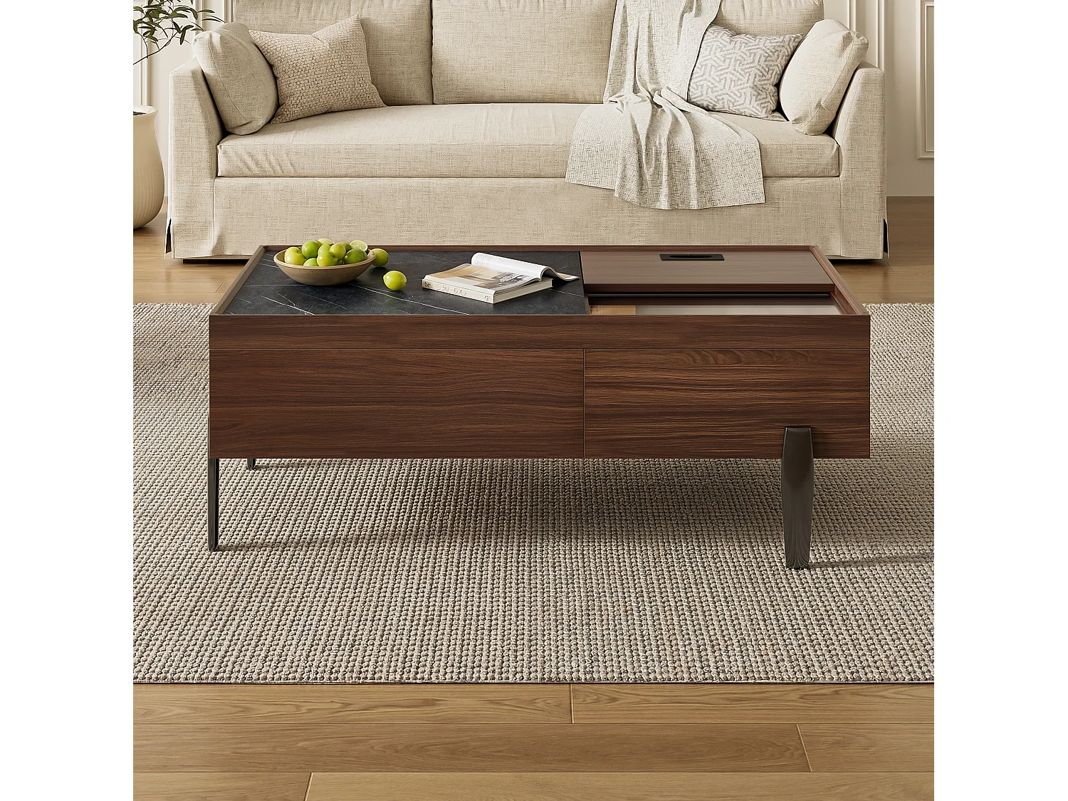 Table basse 105x50x41.5 cm, plateau coulissant, tiroirs, plateau en verre, MDF, marron et gris foncé