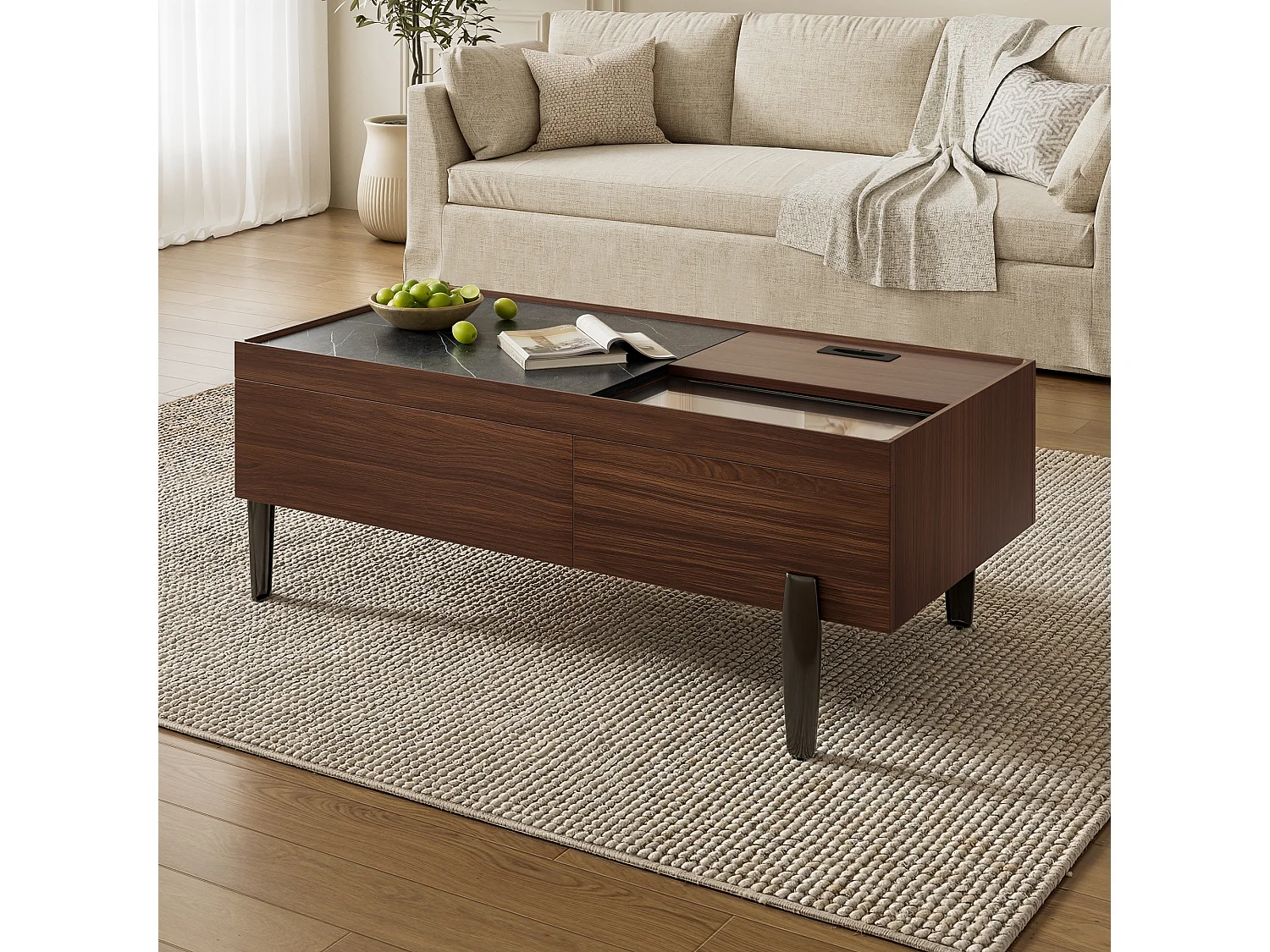 Table basse 105x50x41.5 cm, plateau coulissant, tiroirs, plateau en verre, MDF, marron et gris foncé