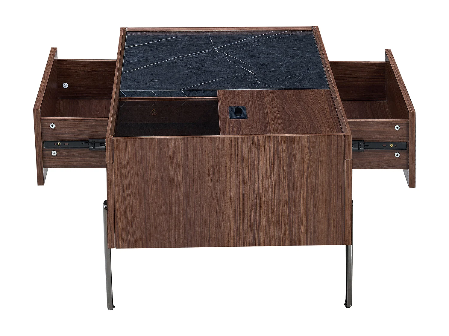 Table basse 105x50x41.5 cm, plateau coulissant, tiroirs, plateau en verre, MDF, marron et gris foncé