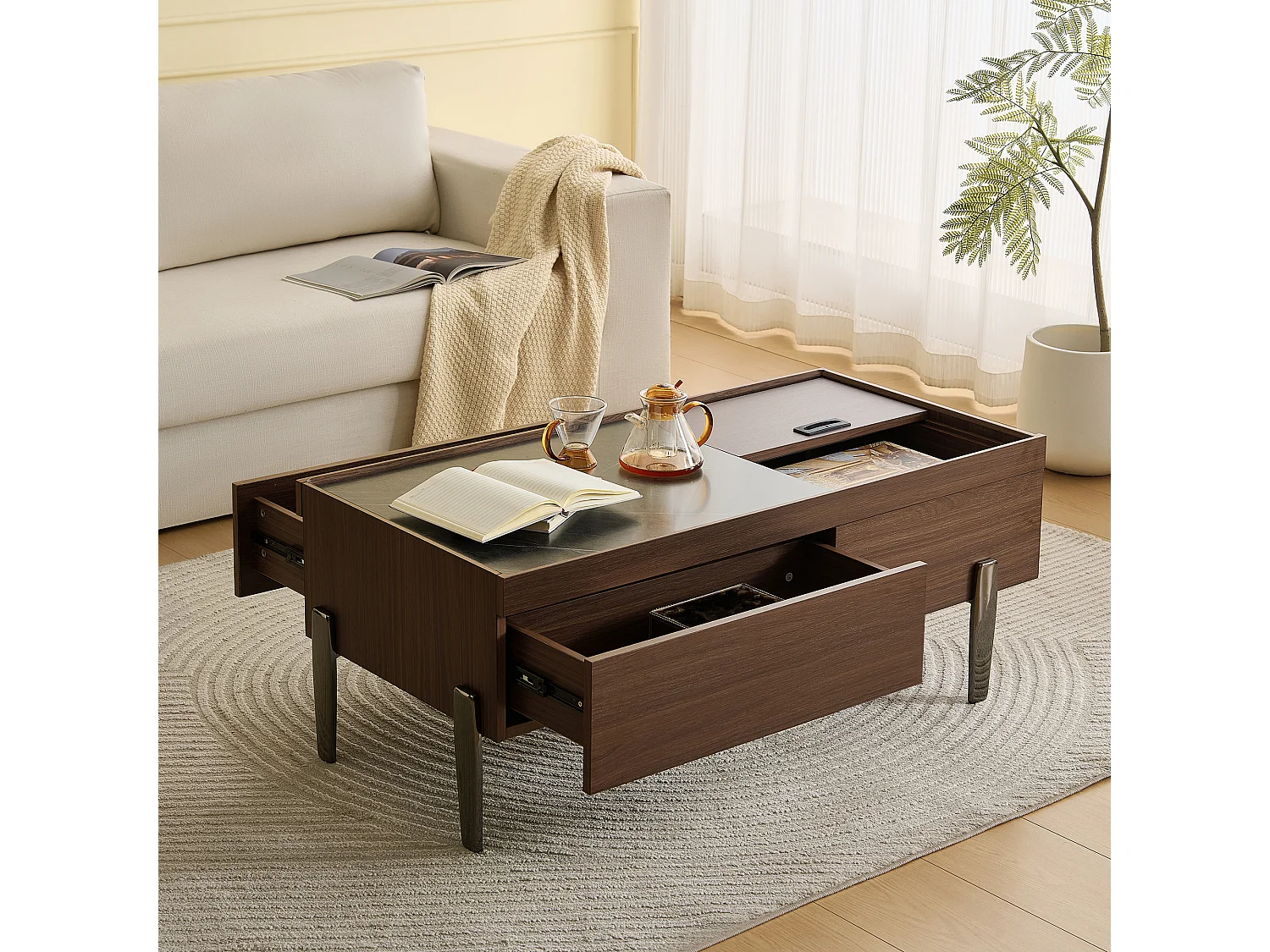 Table basse 105x50x41.5 cm, plateau coulissant, tiroirs, plateau en verre, MDF, marron et gris foncé