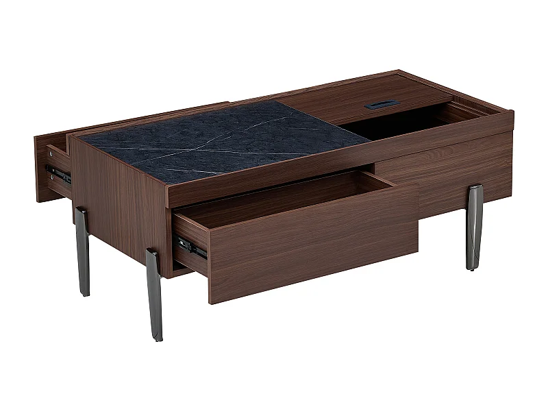 Table basse 105x50x41.5 cm, plateau coulissant, tiroirs, plateau en verre, MDF, marron et gris foncé
