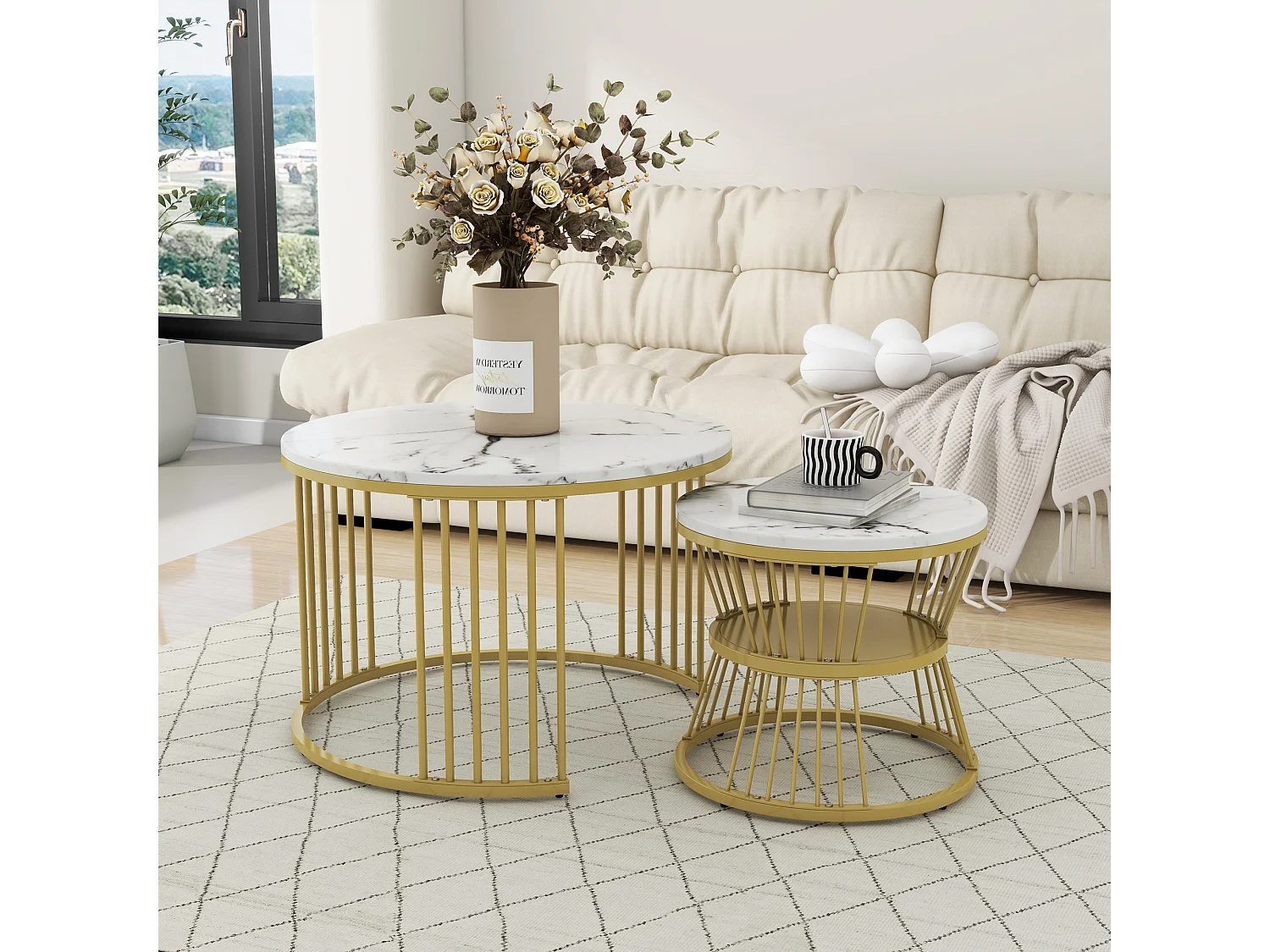 Salontafel 70x70x47 cm met marmerlook, gemaakt van wit MDF, voor woonkamer, slaapkamer en balkon