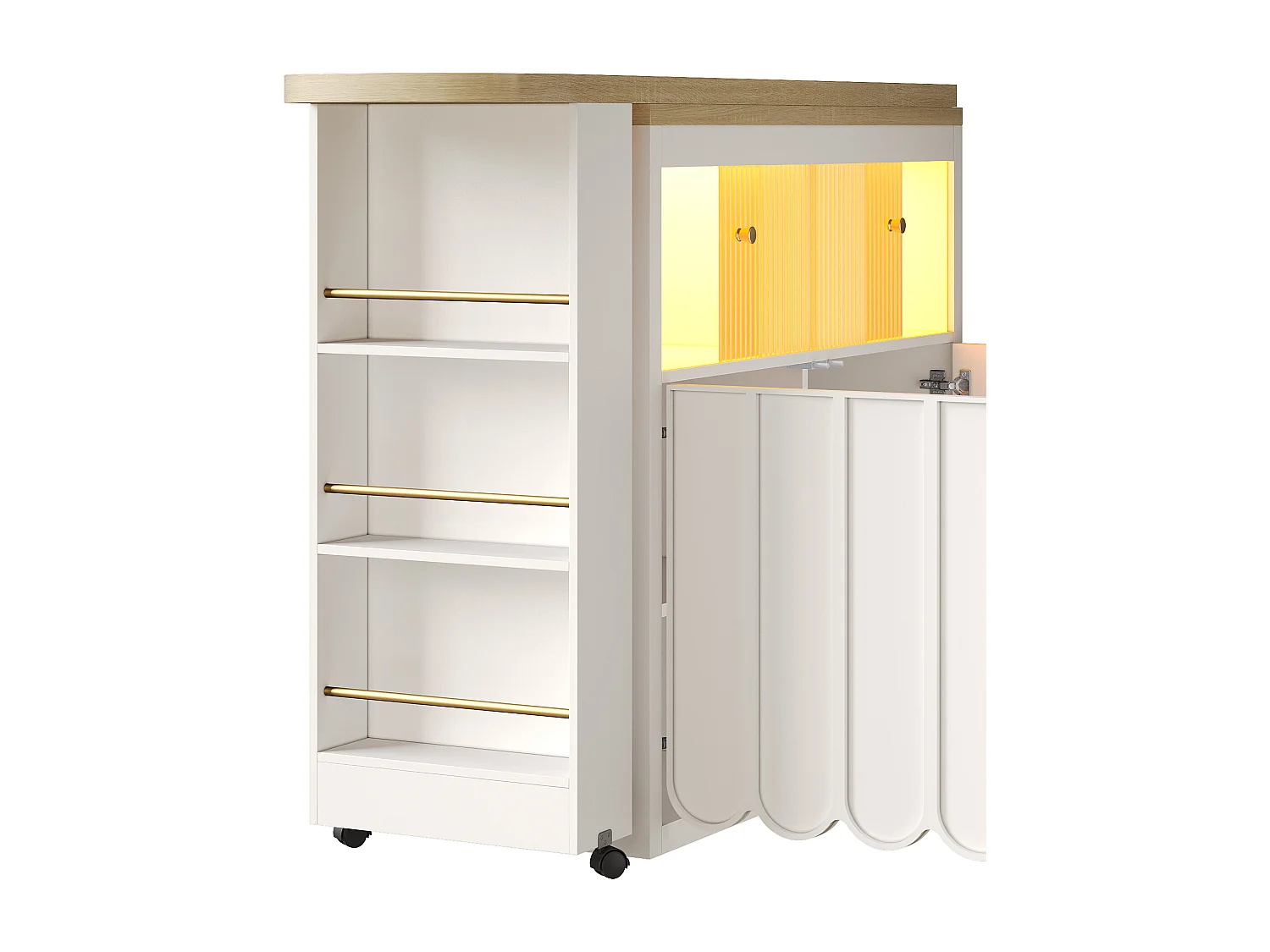 Barkast 205x39x100 cm met ledverlichting, verstelbare planken en opbergruimte. Gemaakt van wit MDF, geschikt voor zowel de woonkamer als de eetkamer.