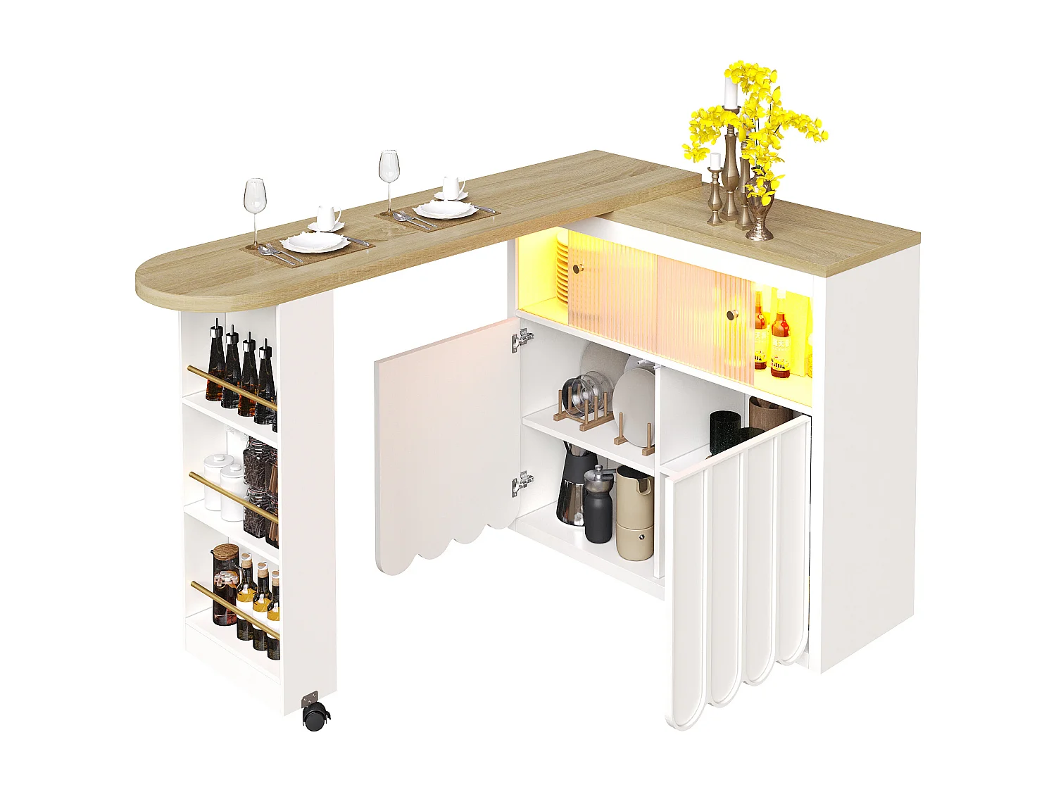 Barkast 205x39x100 cm met ledverlichting, verstelbare planken en opbergruimte. Gemaakt van wit MDF, geschikt voor zowel de woonkamer als de eetkamer.