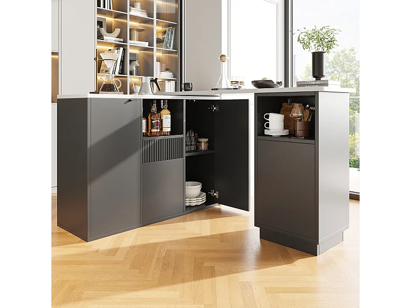 Meuble de bar 210x90x100.9 cm avec Espace de rangement Rotation à 360° Matériau MDF en noir pour salon et salle à manger