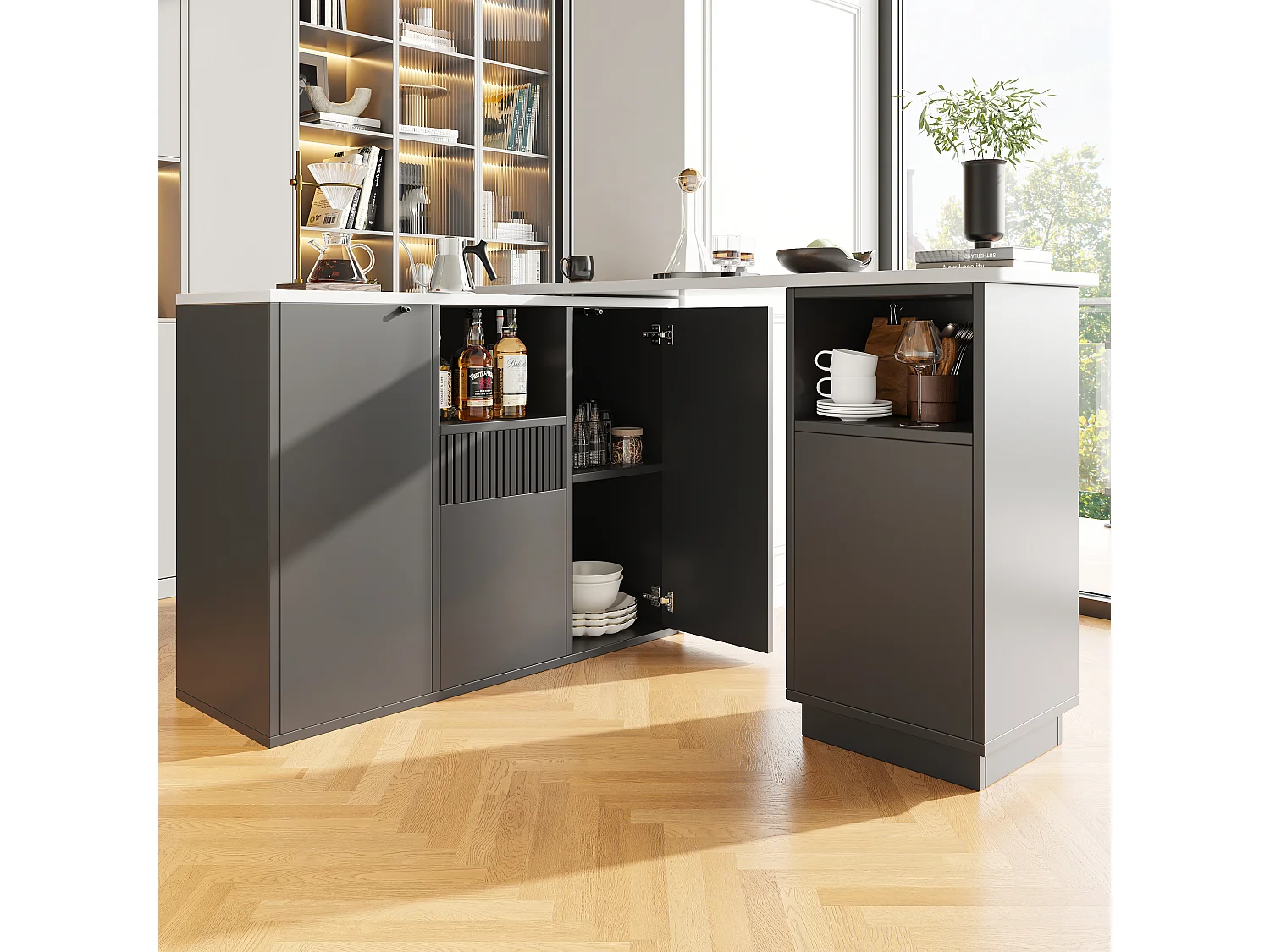 Meuble de bar 210x90x100.9 cm avec Espace de rangement Rotation à 360° Matériau MDF en noir pour salon et salle à manger
