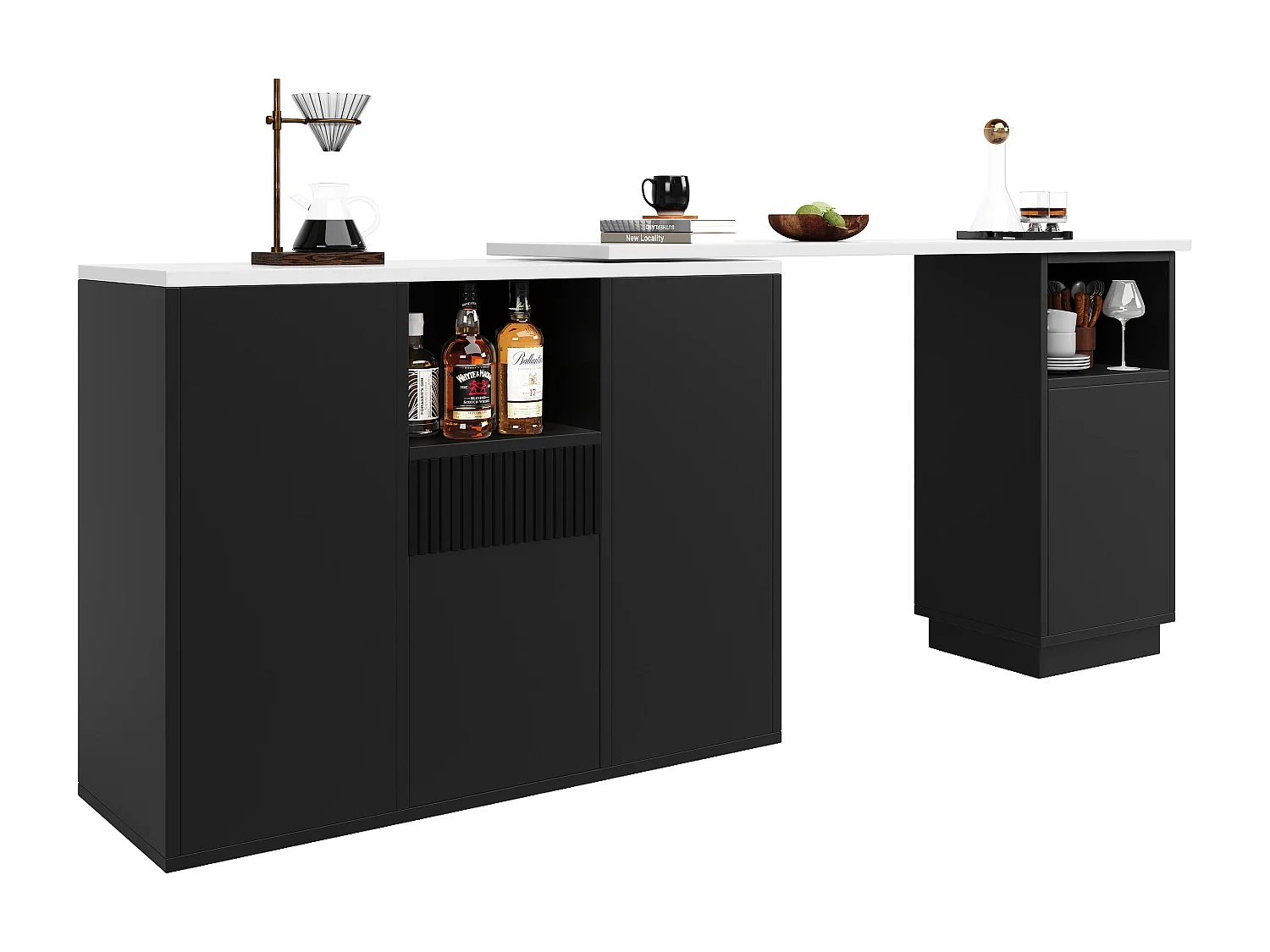 Meuble de bar 210x90x100.9 cm avec Espace de rangement Rotation à 360° Matériau MDF en noir pour salon et salle à manger