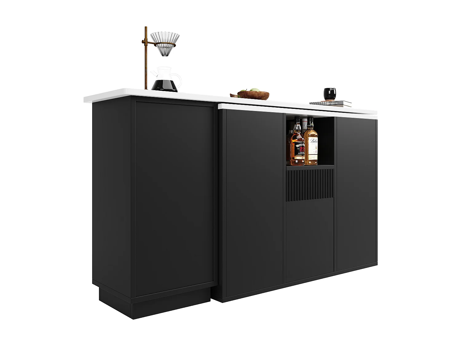 Meuble de bar 210x90x100.9 cm avec Espace de rangement Rotation à 360° Matériau MDF en noir pour salon et salle à manger