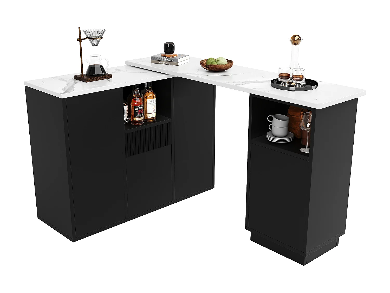 Meuble de bar 210x90x100.9 cm avec Espace de rangement Rotation à 360° Matériau MDF en noir pour salon et salle à manger