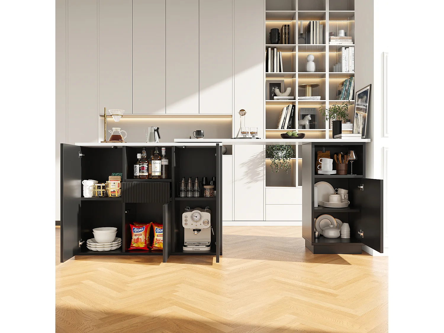 Meuble de bar 210x90x100.9 cm avec Espace de rangement Rotation à 360° Matériau MDF en noir pour salon et salle à manger