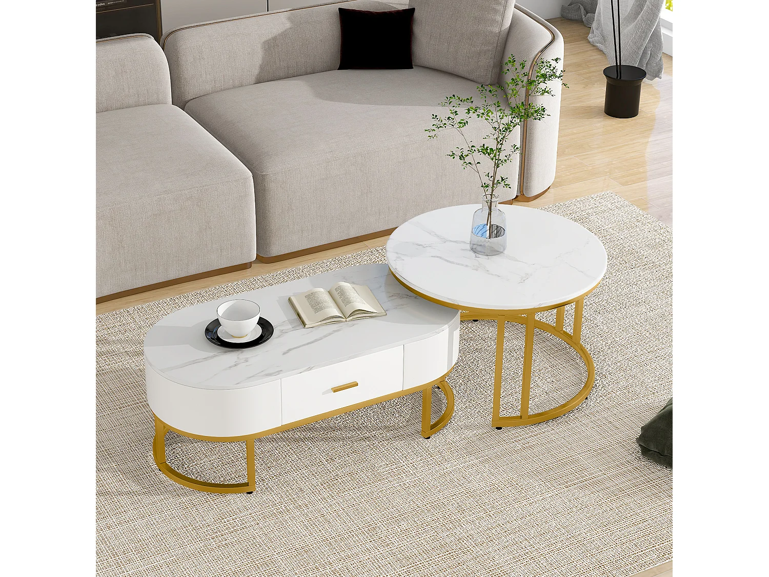 Table basse 170x70x44.5 cm avec Deux tables Étagères ouvertes Matériau MDF en blanc pour salon
