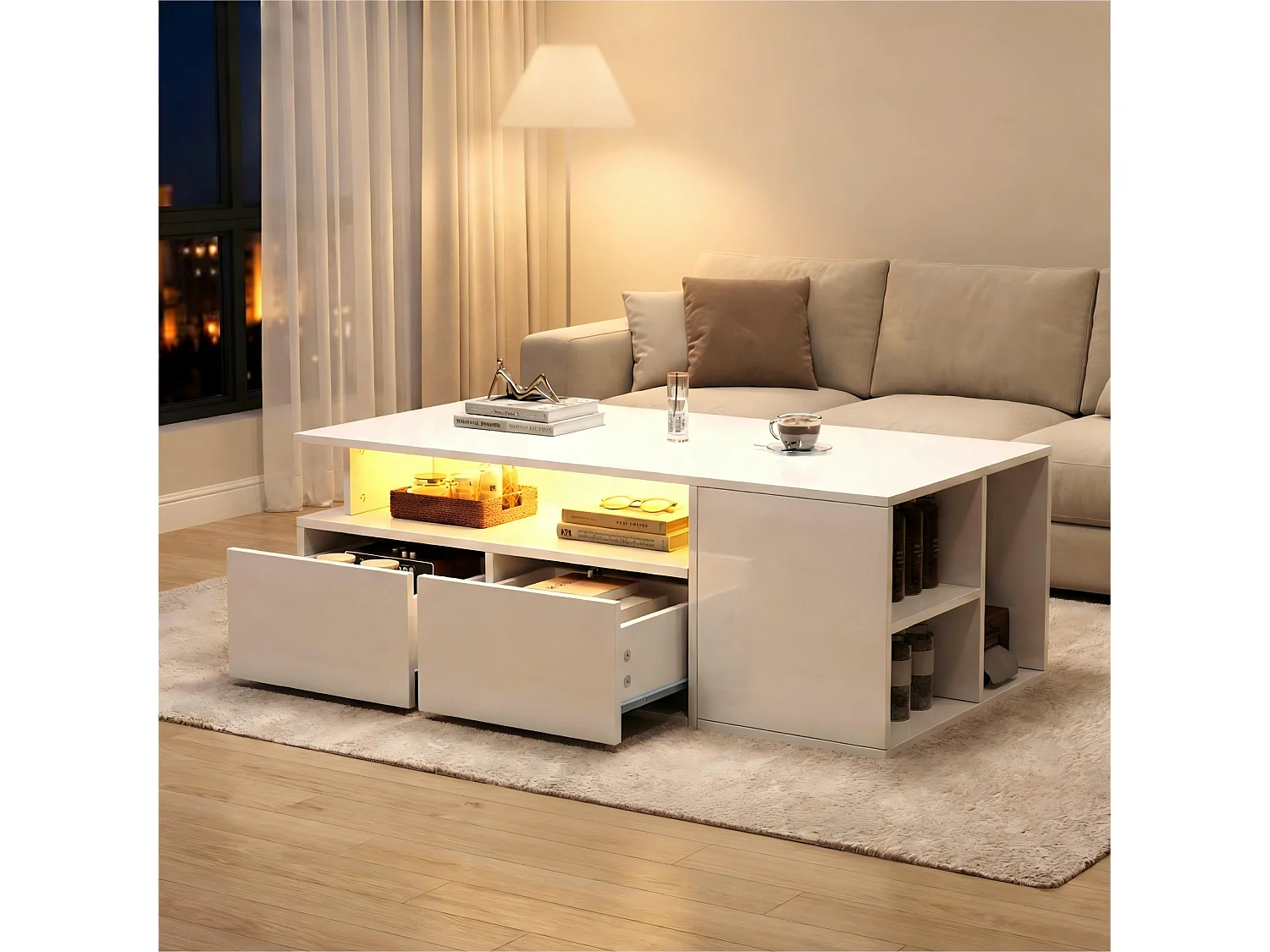 Table basse 100x50x35 cm, LED contrôlée par application, 2 tiroirs, 3 niveaux, panneaux de particules, blanc