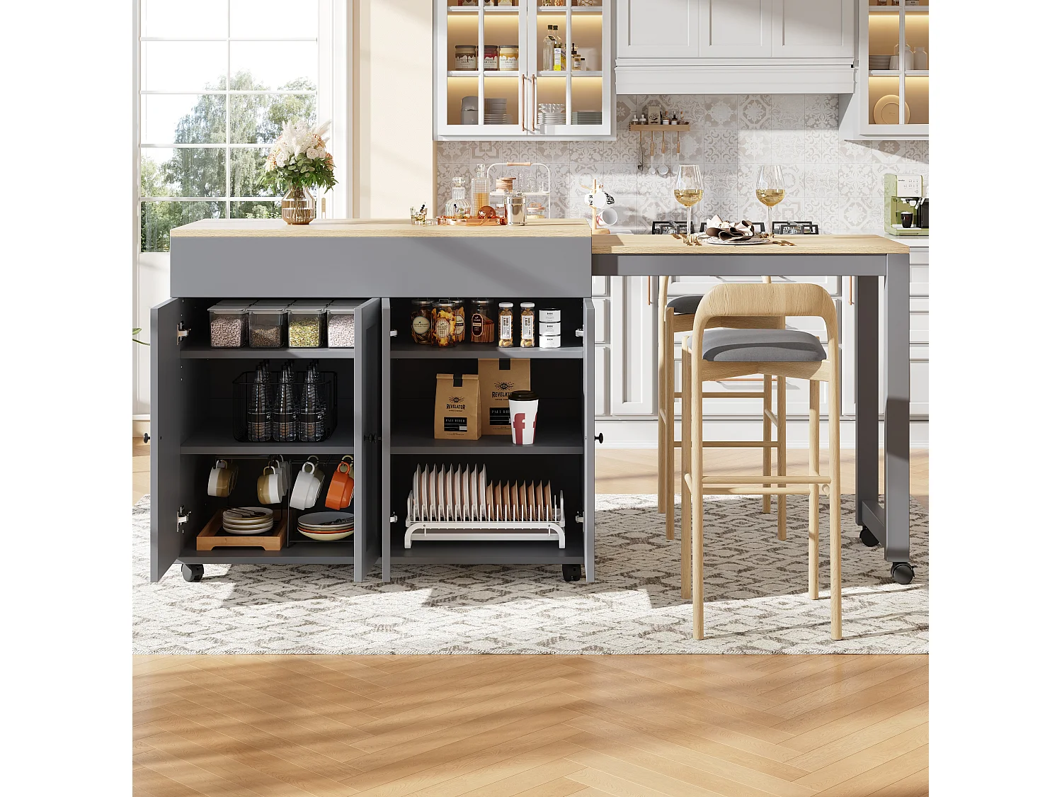 Table bar extensible 117x50x94.6 cm, longueur réglable 117 à 180 cm, 6 compartiments de rangement, MDF gris