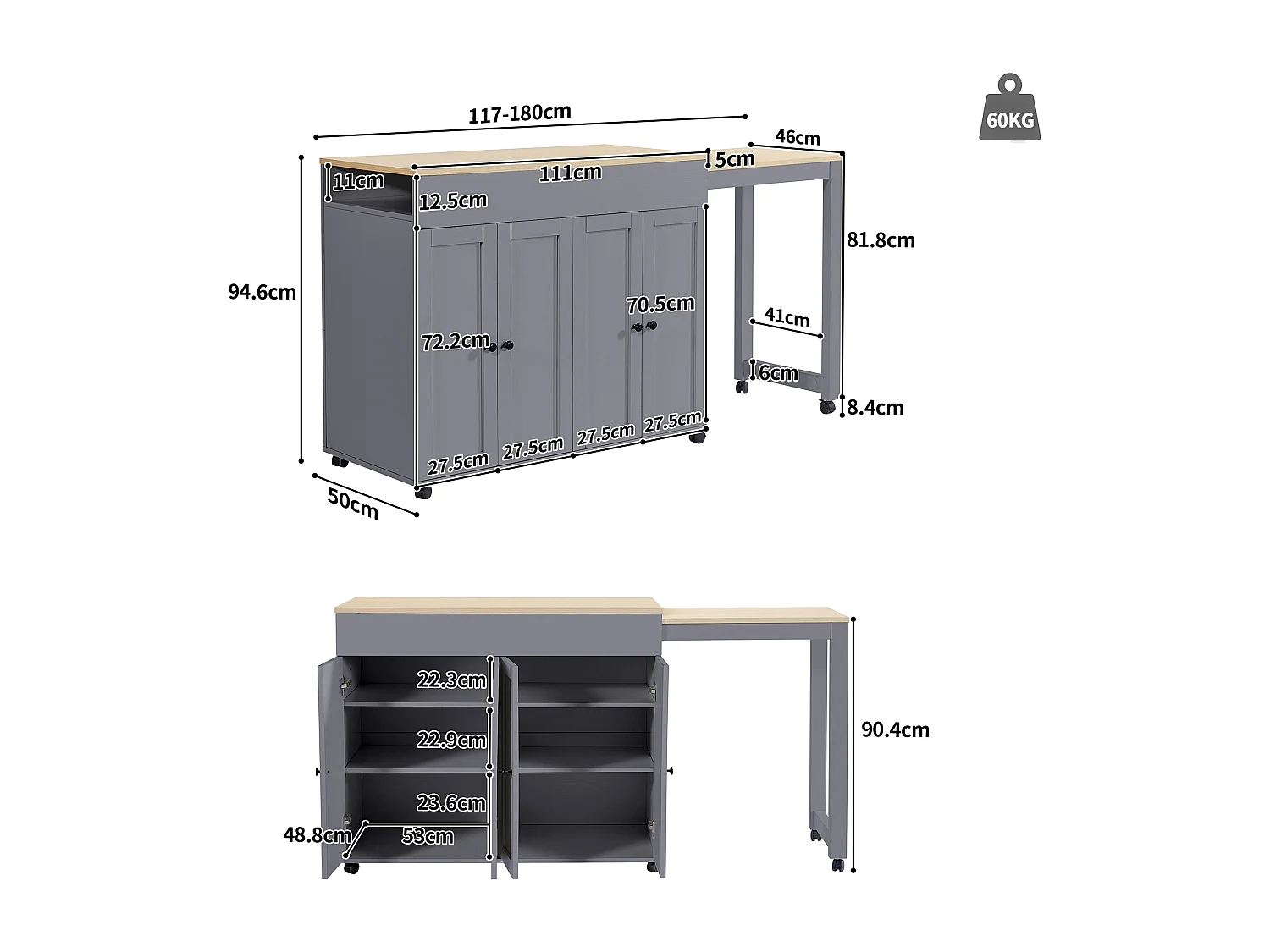 Table bar extensible 117x50x94.6 cm, longueur réglable 117 à 180 cm, 6 compartiments de rangement, MDF gris