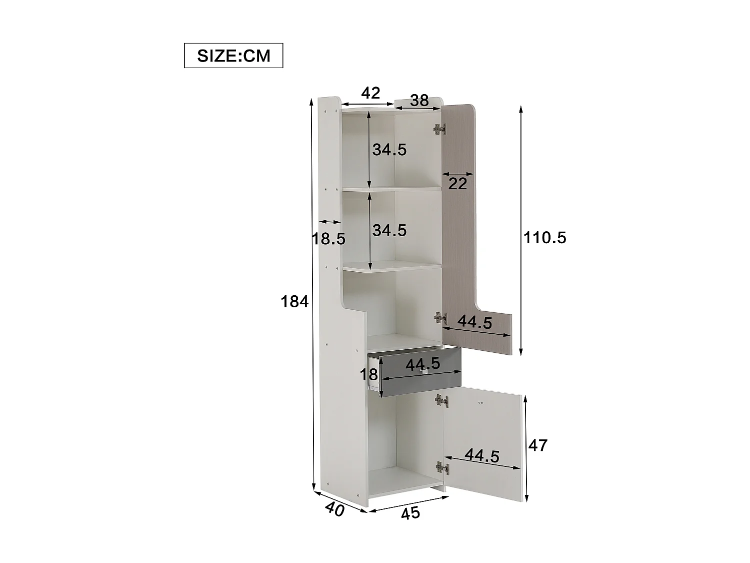 Bibliothèque 45x40x184 cm avec étagères et tiroirs et compartiments de rangement Matériau MDF en blanc pour salon et bureau