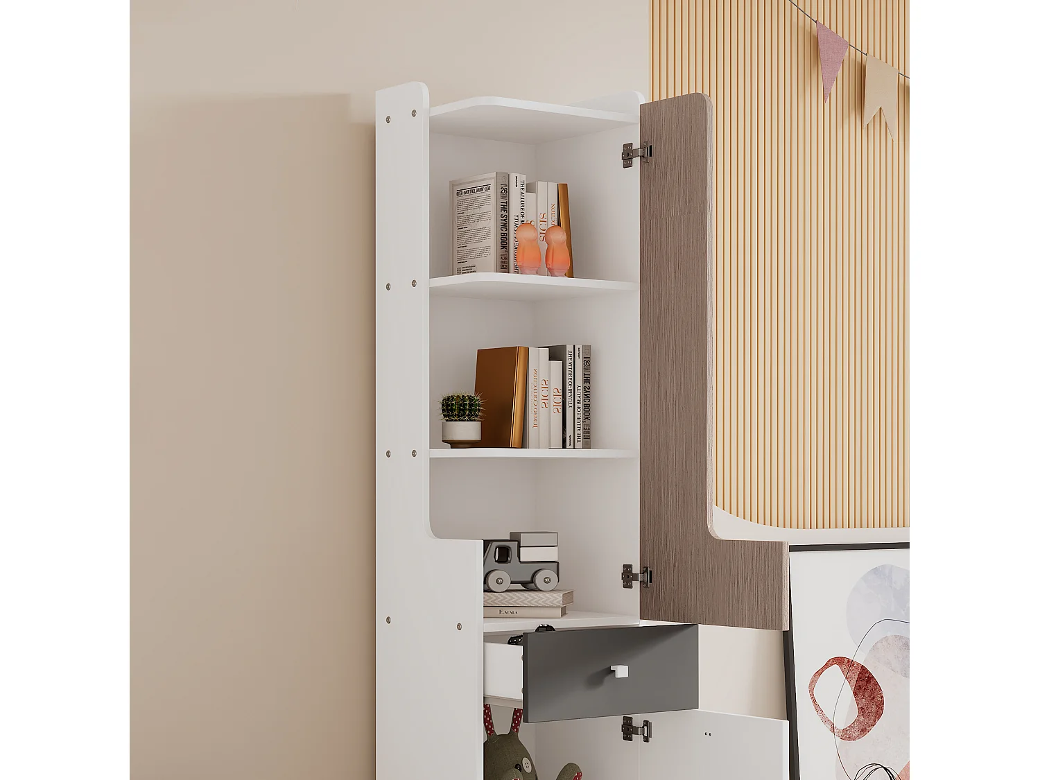 Bibliothèque haute 45x40x184 cm, porte en L, 2 étagères, tiroir à coulisses silencieuses, MDF blanc et gris