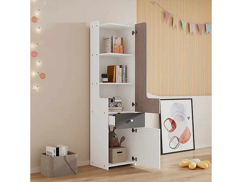 Boekenkast 45x40x184 cm met planken, lades en opbergvakken. Gemaakt van wit MDF, geschikt voor woonkamer en kantoor.