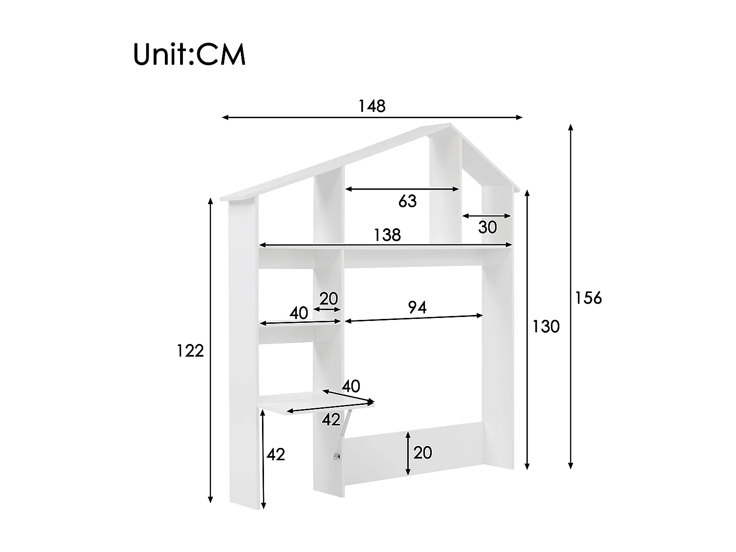 Boekenkast 148x20x156 cm met opbergruimte, opvouwbare planken, wit MDF-materiaal, voor kinderen en tieners
