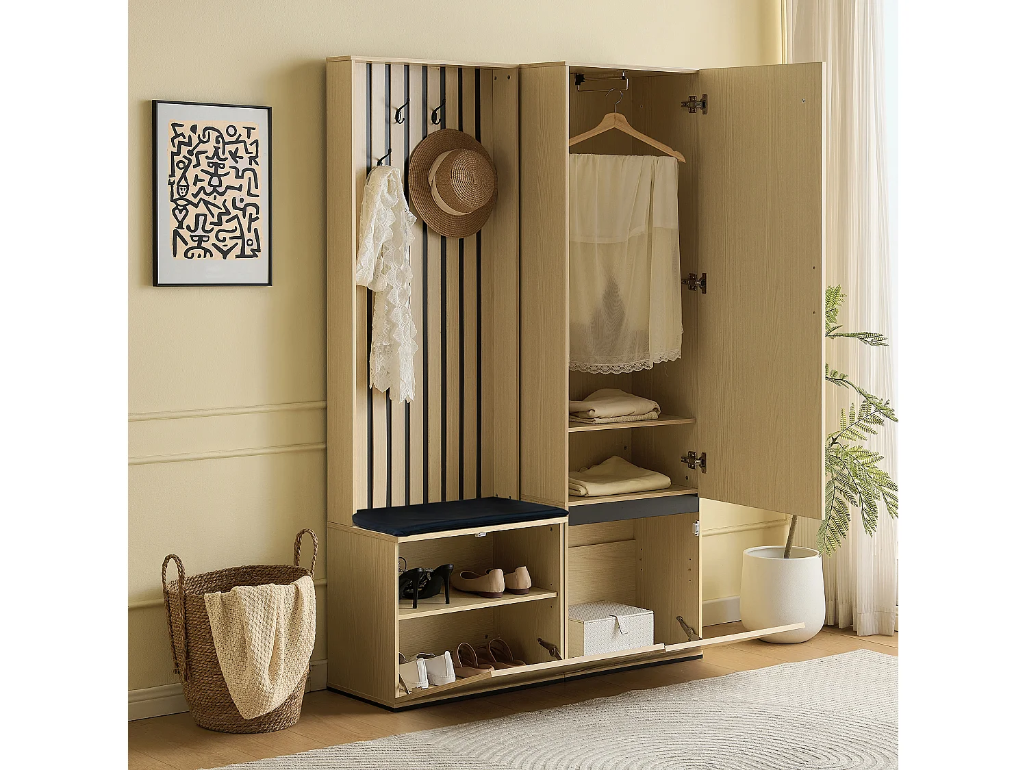 Vestiaire 54x33x179.5 cm avec armoire et étagère à chaussures et banc à chaussures Matériaux MDF Couleur naturelle pour salon et couloir