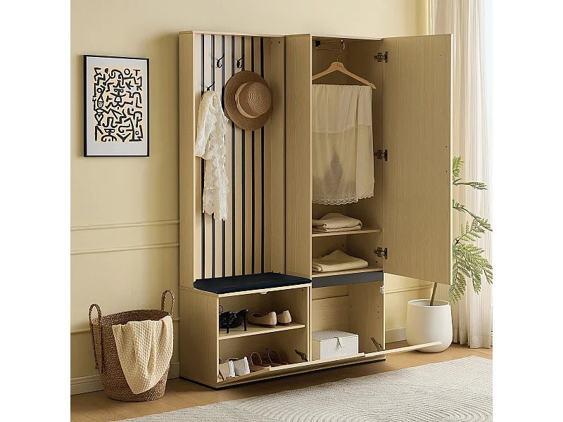 Vestiaire 54x33x179.5 cm avec armoire et étagère à chaussures et banc à chaussures Matériaux MDF Couleur naturelle pour salon et couloir