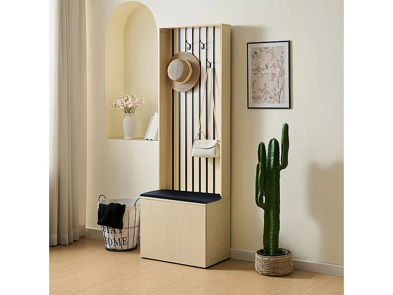 Kledingkast 61x35x179,5 cm met kast, schoenenplank en schoenenkruk. Gemaakt van MDF. Naturel. Geschikt voor woonkamer en hal.