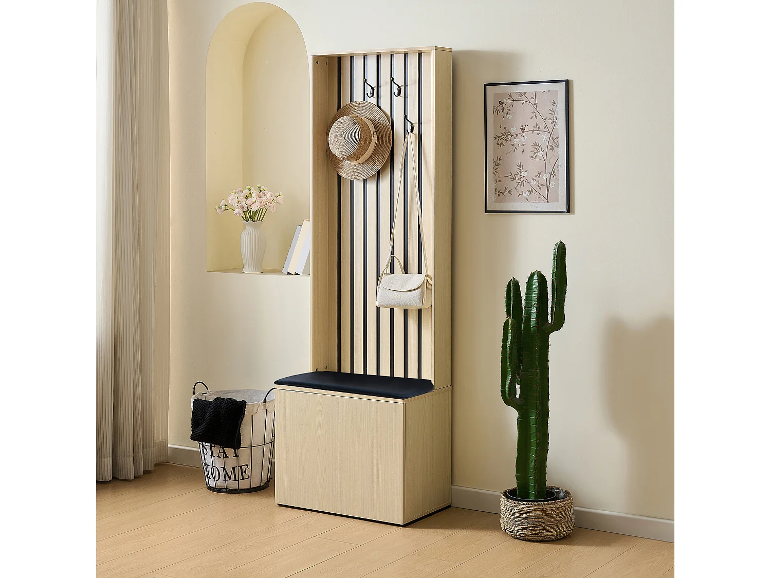 Vestiaire 61x35x179.5 cm avec armoire et étagère à chaussures et tabouret à chaussures Matériaux MDF Couleur naturelle pour salon et couloir