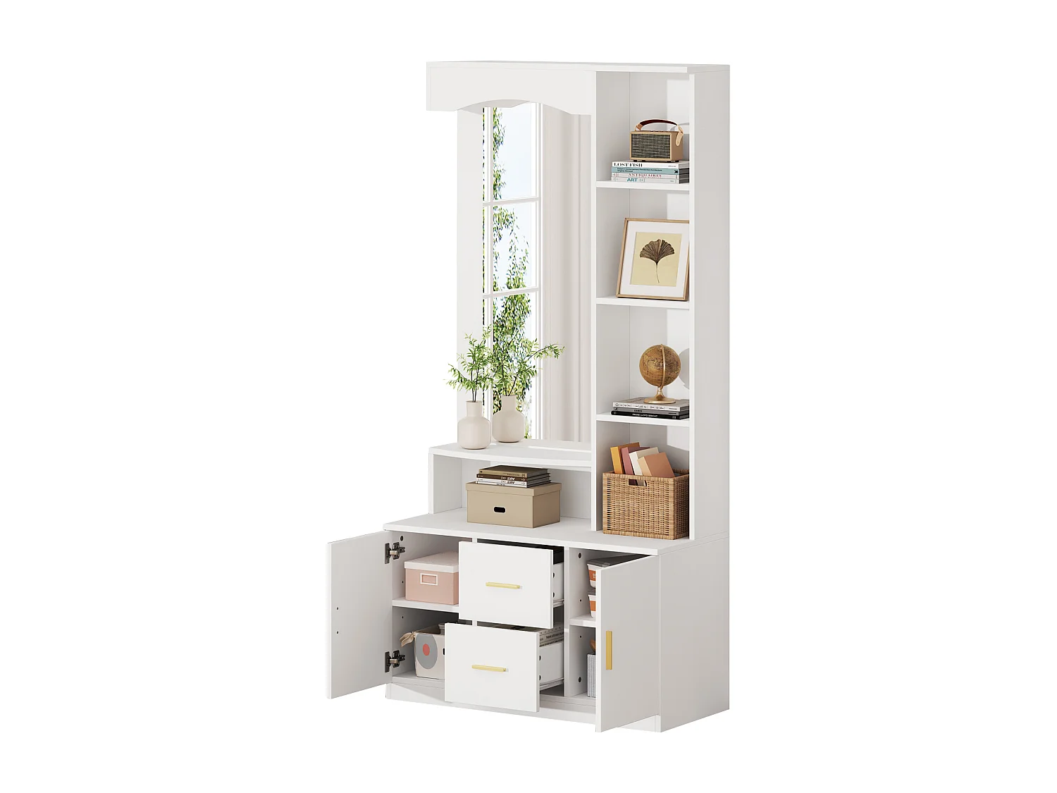 Vestiaire 90x40x180 cm avec meuble à chaussures et miroir et rangement Matériau MDF en blanc pour salon et Hall d'entrée