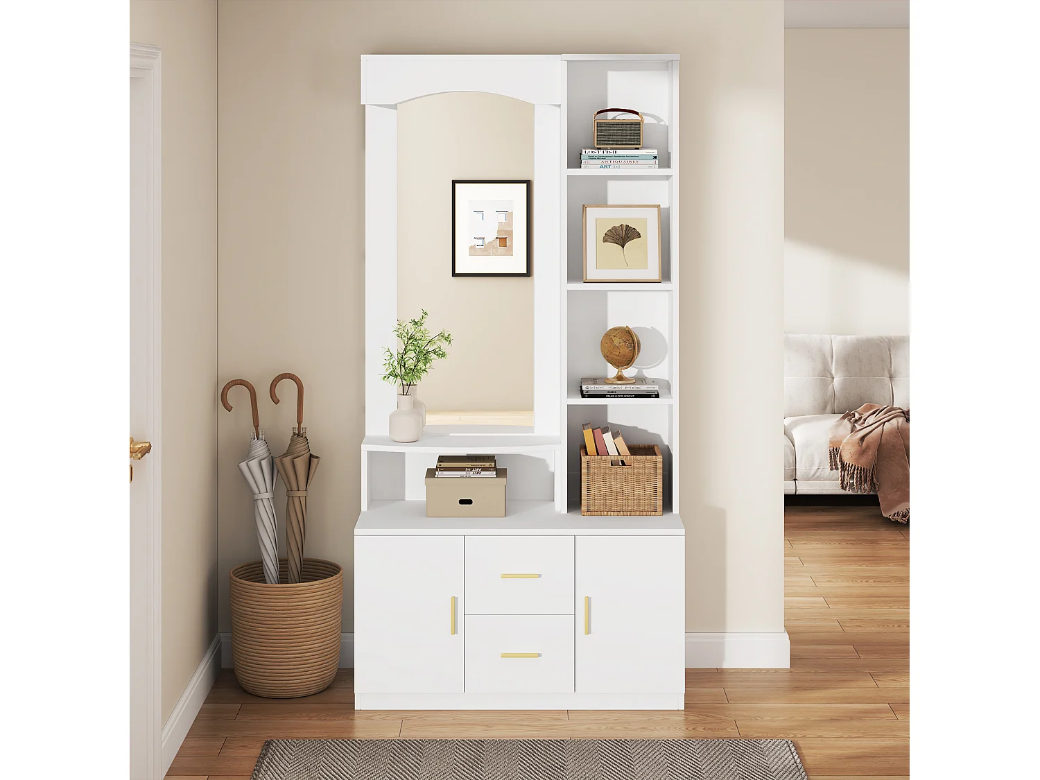 Meuble d'entrée 90x40x180 cm, miroir, 2 portes, 2 tiroirs, étagères, MDF, blanc