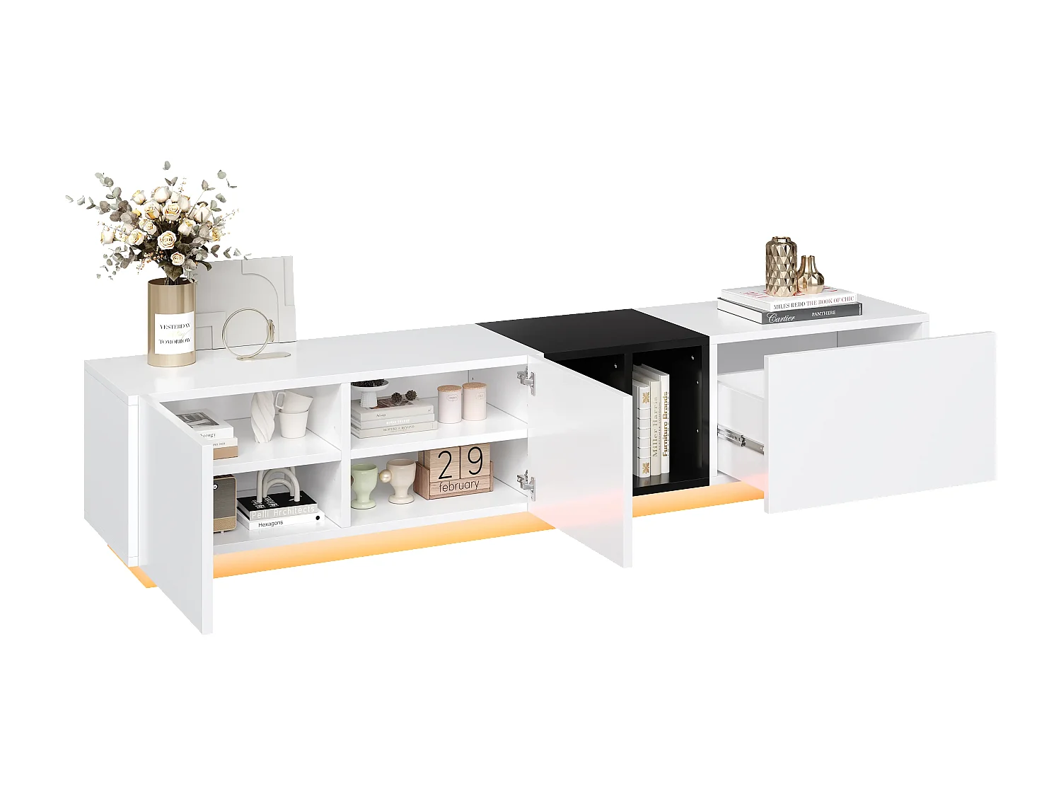 Meuble TV 190x40c35 cm avec Tiroirs et étagères ouvertes en noir et blanc pour salon