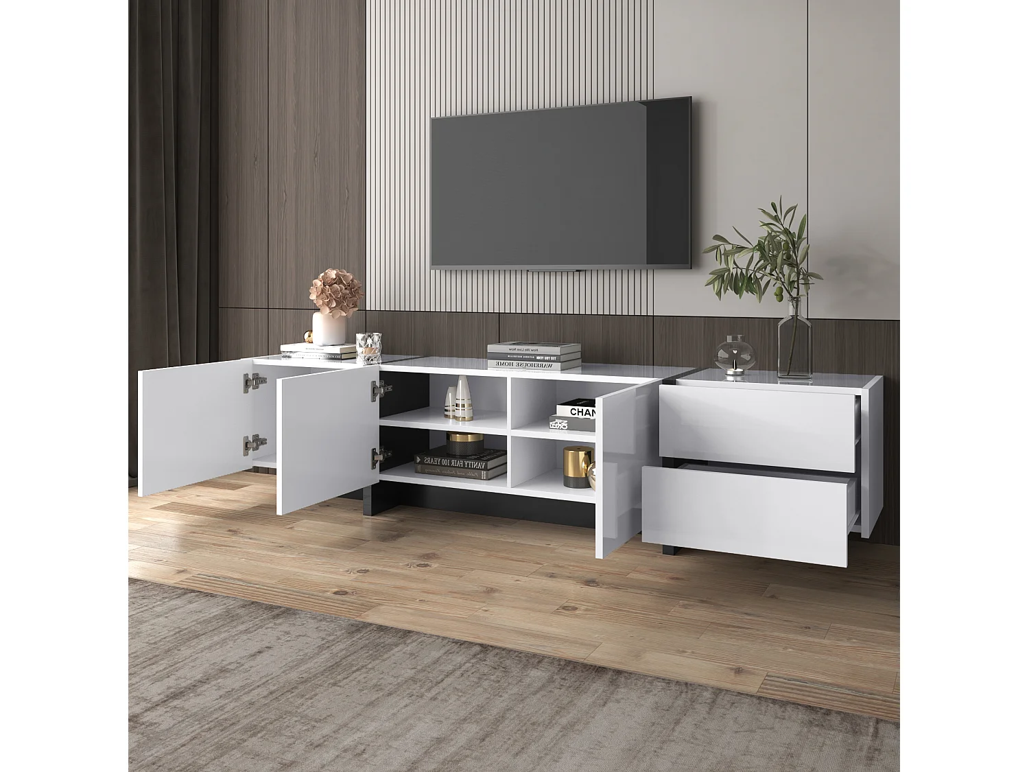 Meuble TV 190x35x45 cm avec Deux tiroirs Étagères Panneaux de particules en noir et blanc pour salon