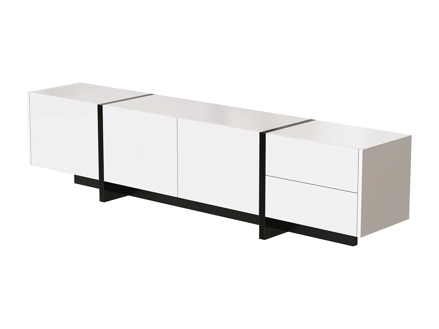 Meuble TV 190x35x45 cm, finition brillante, 3 portes avec étagères intérieures, 2 tiroirs, panneaux de particules, blanc et noir